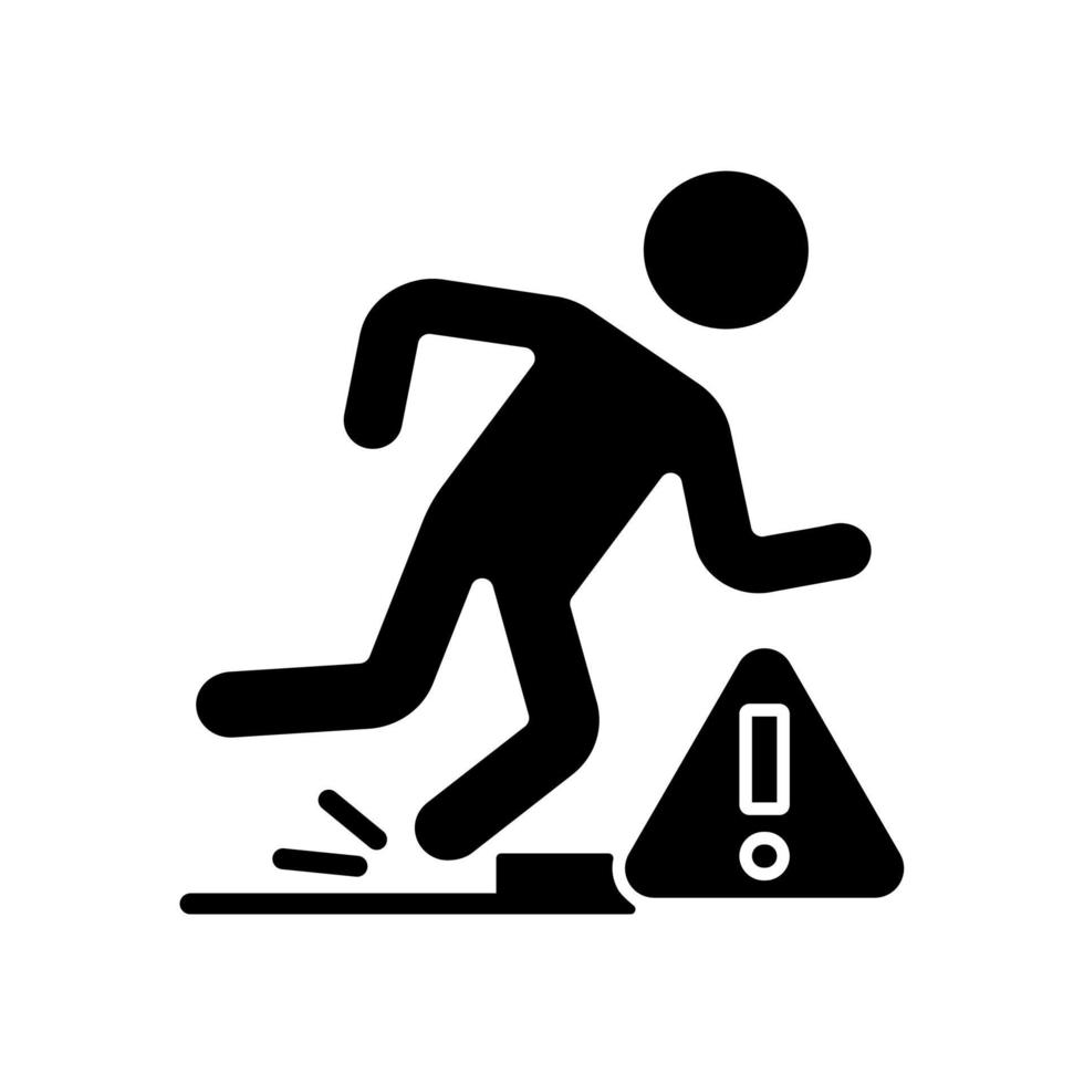 Tripping hazards black glyph manual label icon. Aware of obstacles and slippery surfaces. Silhouette symbol on white space. Vector isolated illustration for product use instructions