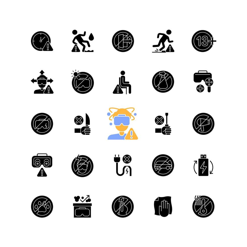Virtual reality headset usage instruction black glyph manual label icons set on white space. VR device restrictions. Silhouette symbols. Vector isolated illustration for product use instructions