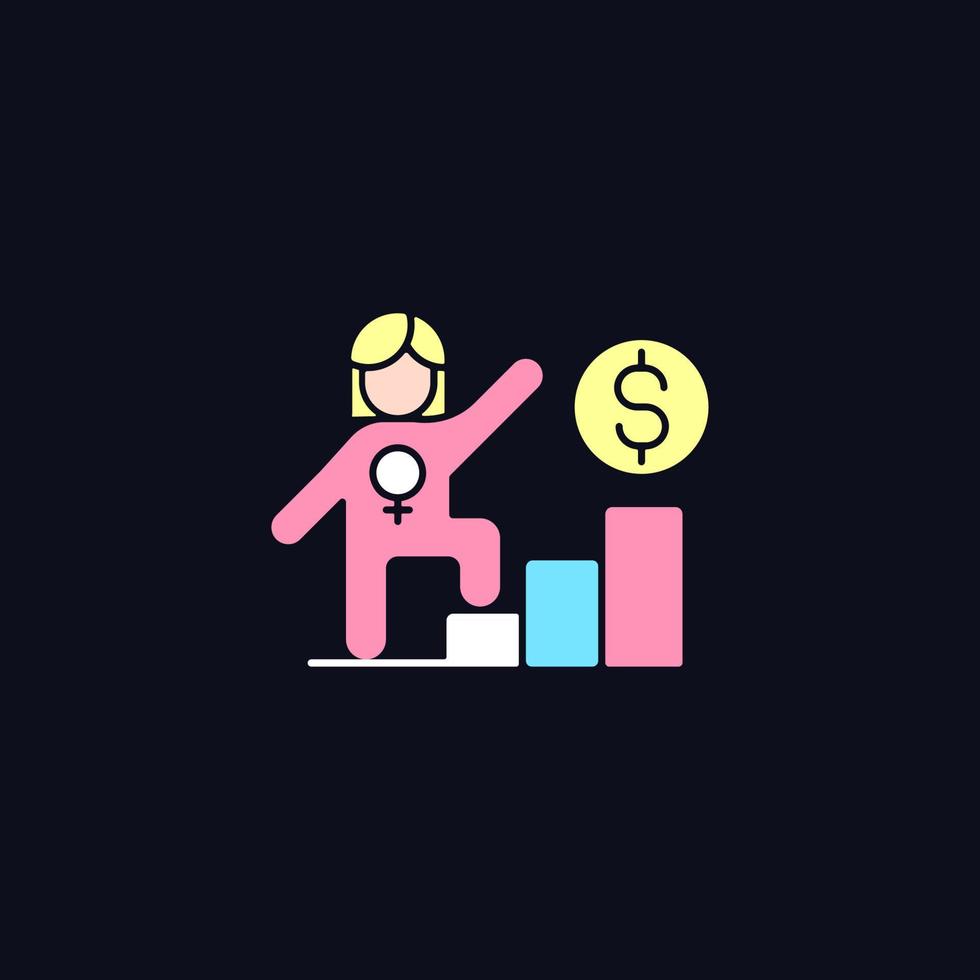 Career ladder for women RGB color icon for dark theme. Female leader. Successful woman in workplace. Isolated vector illustration on night mode background. Simple filled line drawing on black