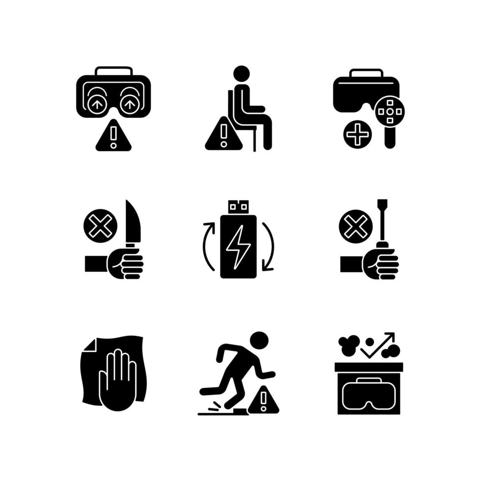 Vr glasses instructions black glyph manual label icons set on white space. Virtual reality headset usage. Silhouette symbols. Vector isolated illustration for product use instructions