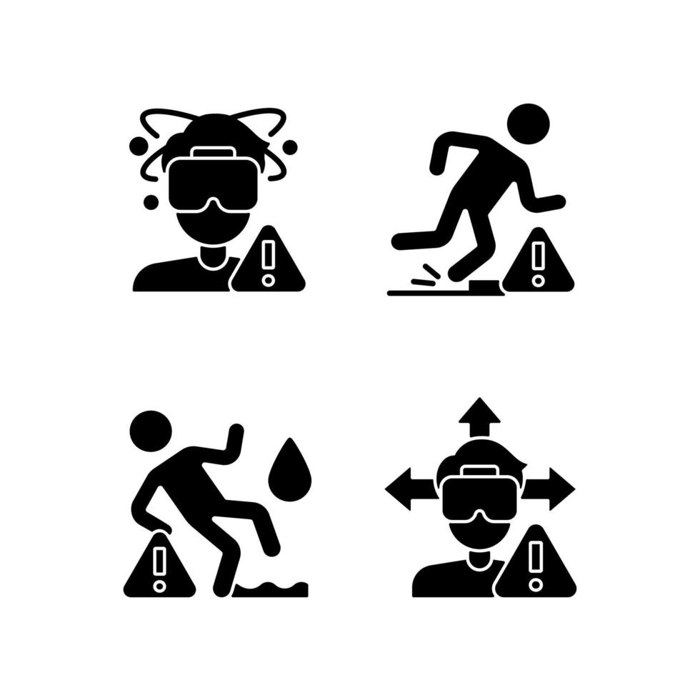 Virtual reality headset warning black glyph manual label icons set on white space. Usage and playing precautions. Silhouette symbols. Vector isolated illustration for product use instructions