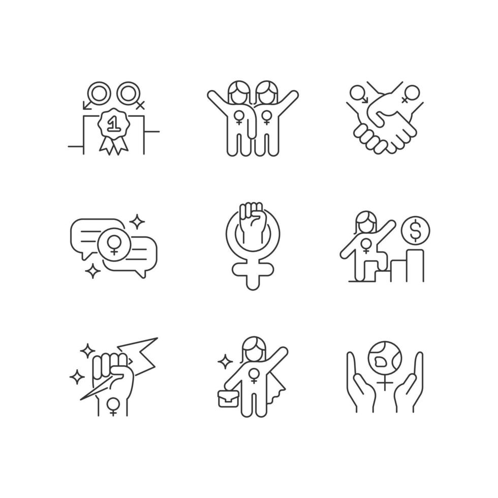 Feminist movement linear icons set. Gender parity. Female friendship. Supportive sisterhood. Woman power. Customizable thin line contour symbols. Isolated vector outline illustrations. Editable stroke