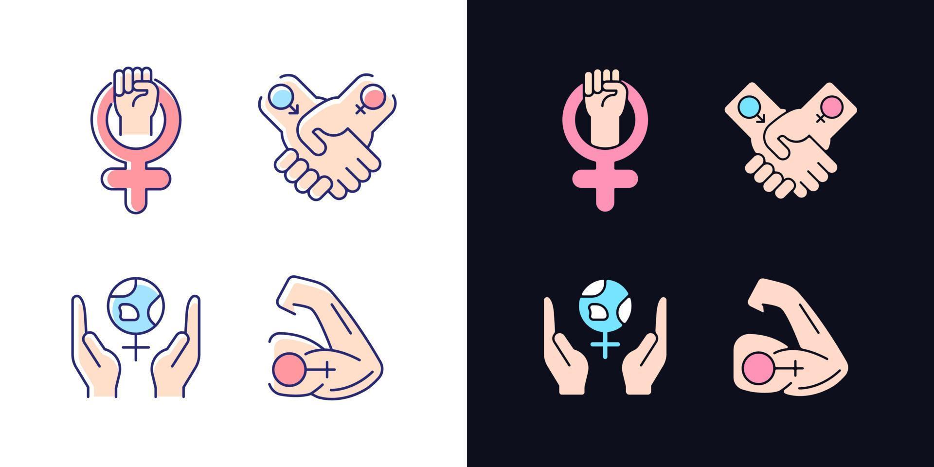 Girl power light and dark theme RGB color icons set. Leadership in movement. Equitable relationships. Isolated vector illustrations on white and black space. Simple filled line drawings pack