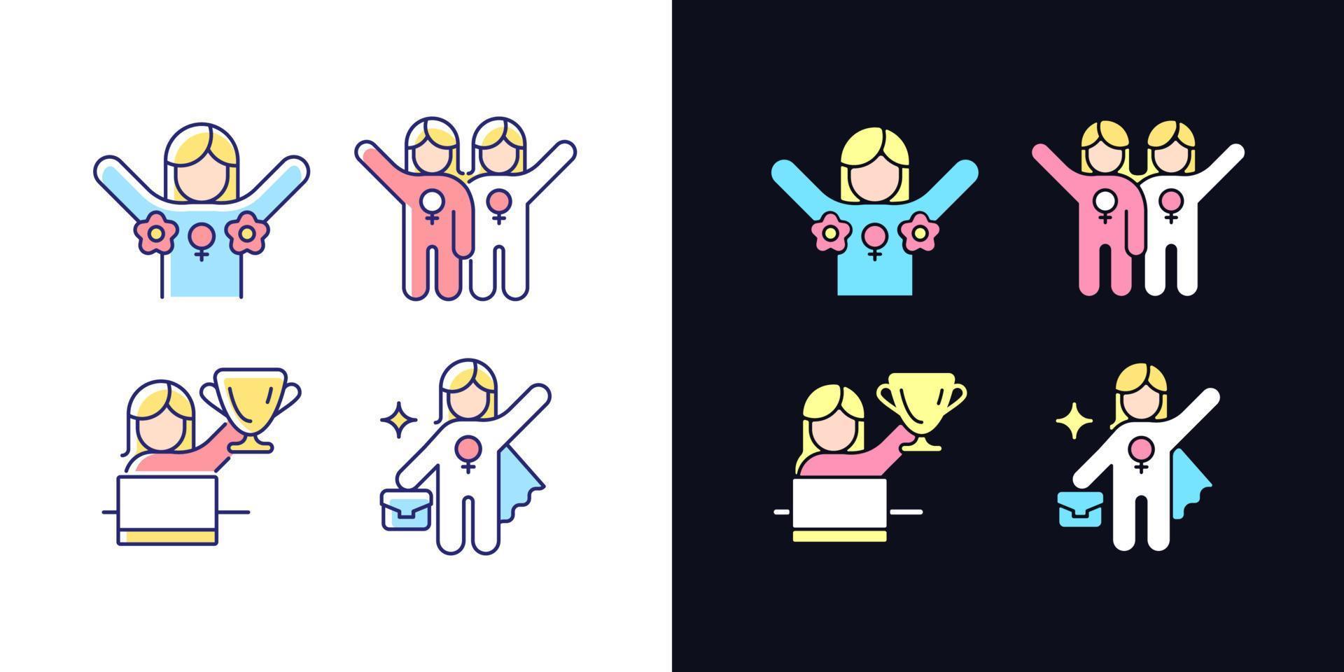 Women rights movement light and dark theme RGB color icons set. Radical feminism. Female friendship. Isolated vector illustrations on white and black space. Simple filled line drawings pack