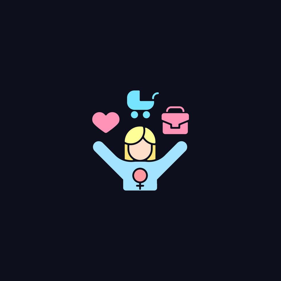 Work-life balance for female employee RGB color icon for dark theme. Double standard. Full-time working mom. Isolated vector illustration on night mode background. Simple filled line drawing on black