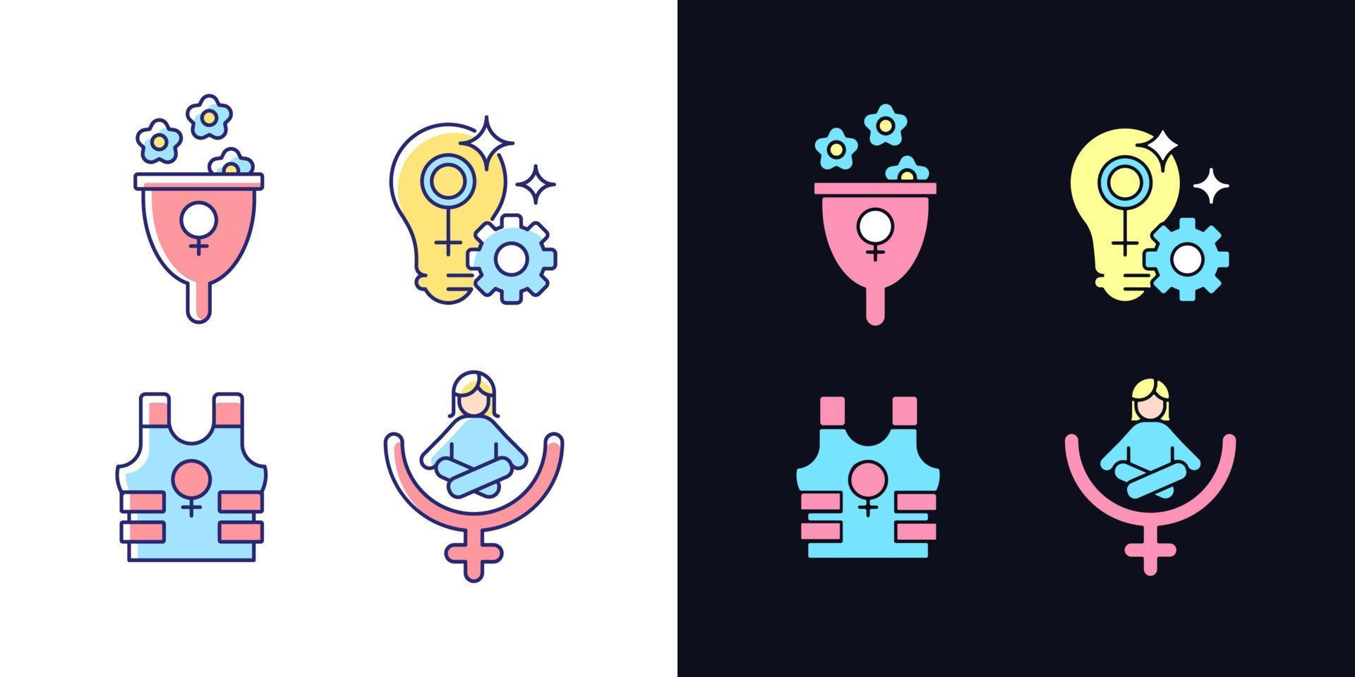 Modern feminism light and dark theme RGB color icons set. Support women wellbeing. Fulfill female potential. Isolated vector illustrations on white and black space. Simple filled line drawings pack