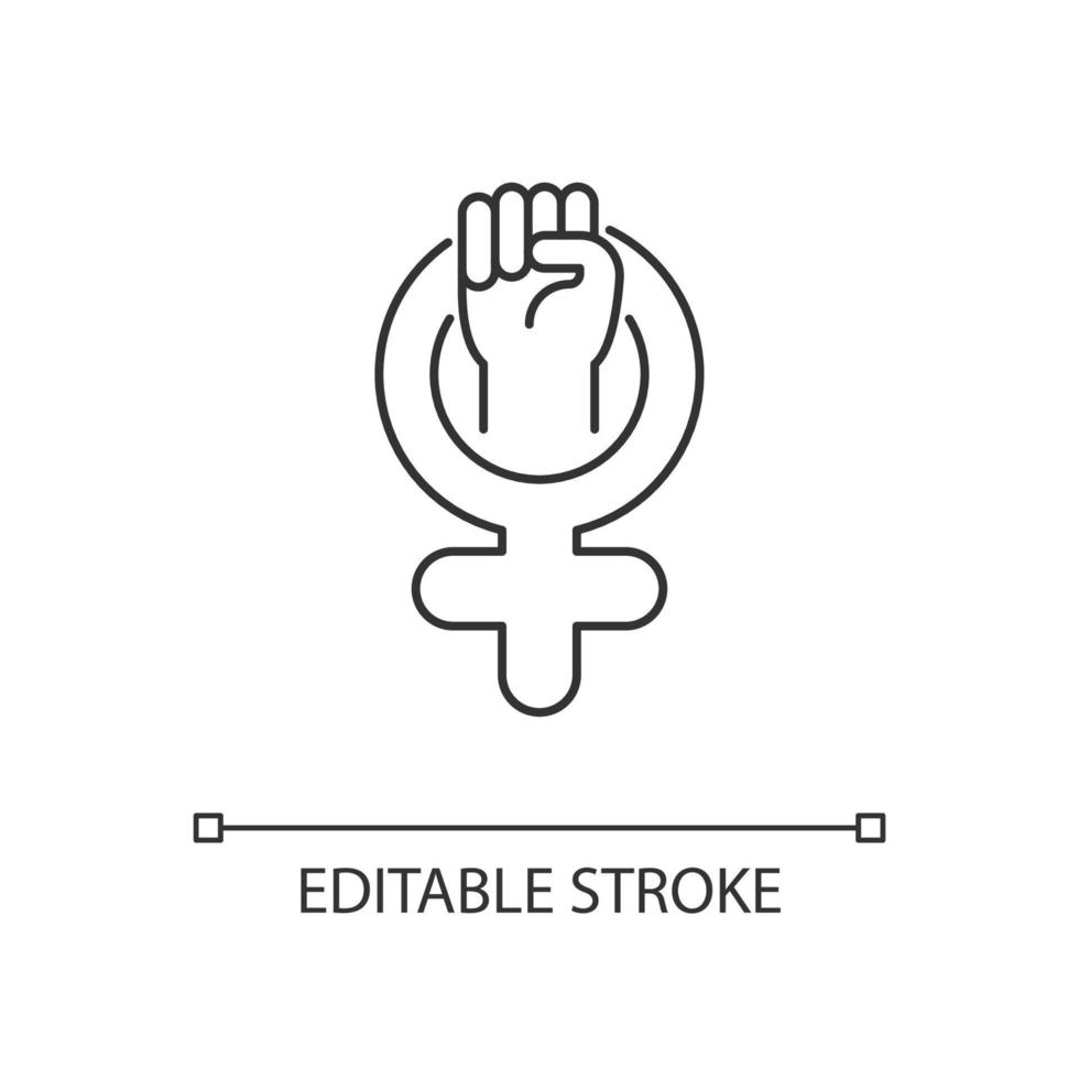 Female symbol linear icon. Pride in sisterhood. Clenched fist in venus sign. Self respect. Thin line customizable illustration. Contour symbol. Vector isolated outline drawing. Editable stroke