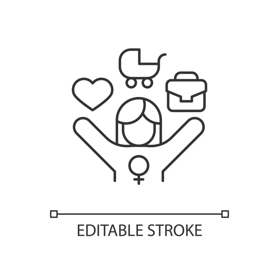 Work-life balance for female employee linear icon. Full-time working mom. Double standard. Thin line customizable illustration. Contour symbol. Vector isolated outline drawing. Editable stroke