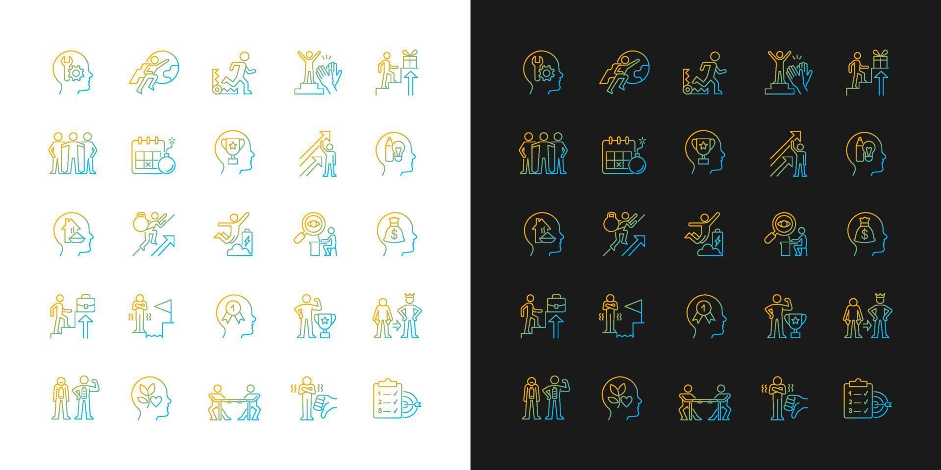 Motivation gradient icons set for dark and light mode. Goal accomplishment. Force to achieve aim. Thin line contour symbols bundle. Isolated vector outline illustrations collection on black and white