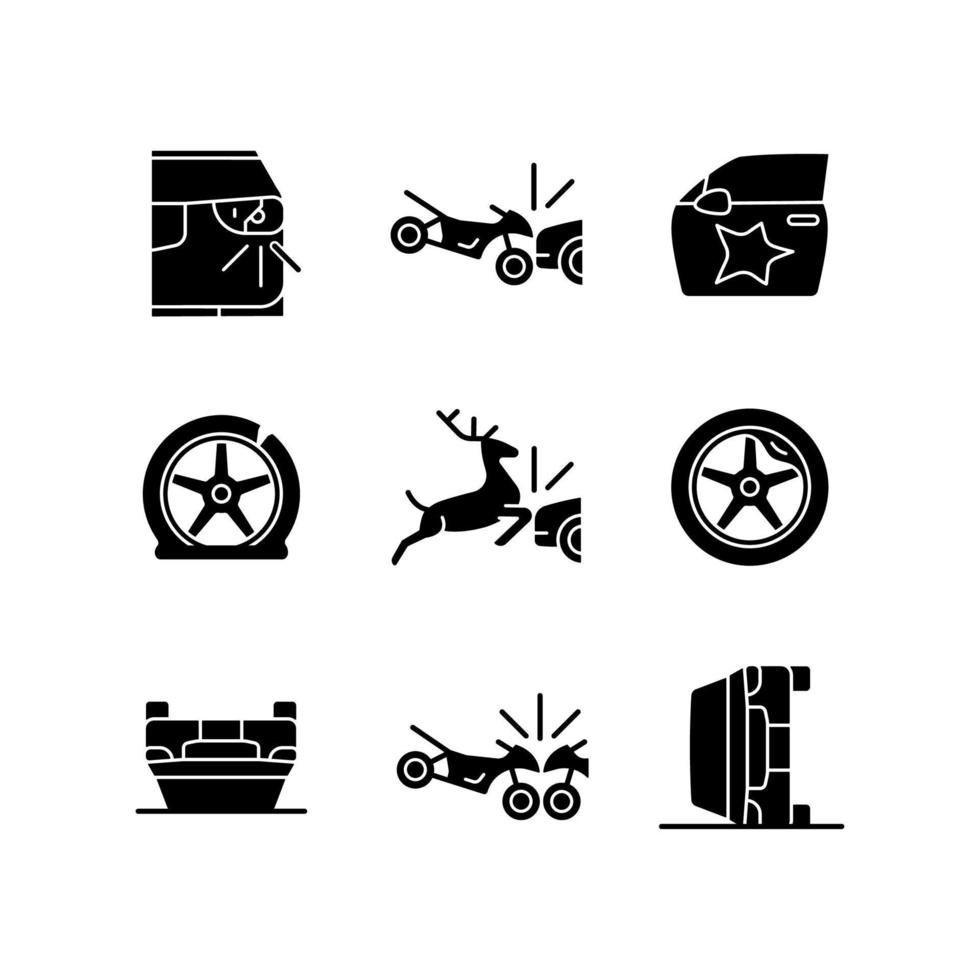 Common car crashes black glyph icons set on white space. Rollover accidents. Wildlife vehicle collision. Damaged car equipment. Motorcycle crashes. Silhouette symbols. Vector isolated illustration