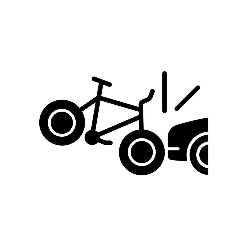 Car collision with cyclist black glyph icon. Accident with bicyclist and driver. Riding on public roadways. Car-on-bike collision. Silhouette symbol on white space. Vector isolated illustration