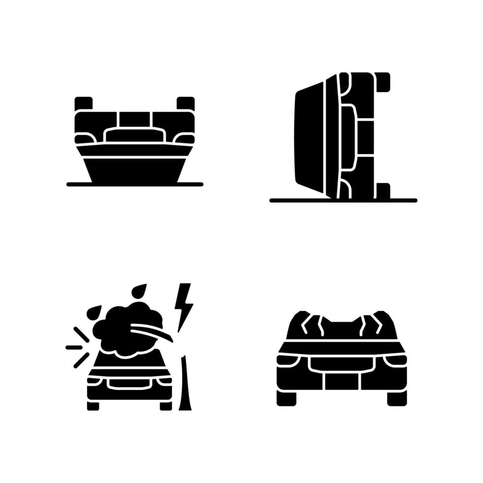 Motor vehicle collisions black glyph icons set on white space. Rollover crash. Weather related damage. Roof displacement. Aggressive driving. Silhouette symbols. Vector isolated illustration