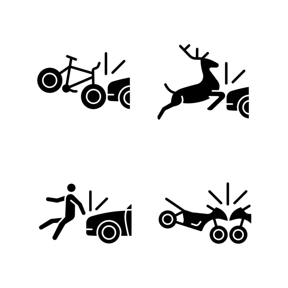 escenarios de colisión de tráfico iconos de glifos negros en espacios en blanco. accidente de bicicleta. chocando con la vida silvestre. golpear a un peatón. accidente de motos. símbolos de silueta. vector ilustración aislada