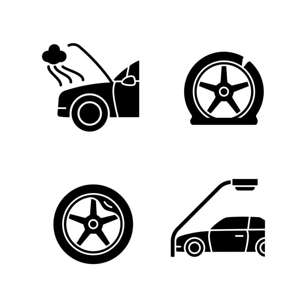 Vehicle damage in car accident cases black glyph icons set on white space. Mechanical breakdown. Automobile tire defects. Colliding with lamppost. Silhouette symbols. Vector isolated illustration