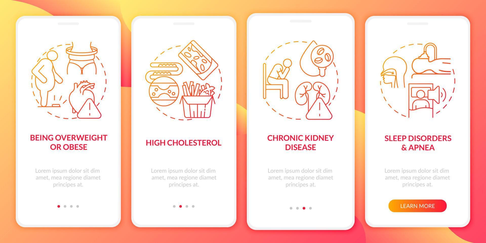 Hypertension risk factors onboarding mobile app page screen. Chronic kidney disease walkthrough 4 steps graphic instructions with concepts. UI, UX, GUI vector template with linear color illustrations