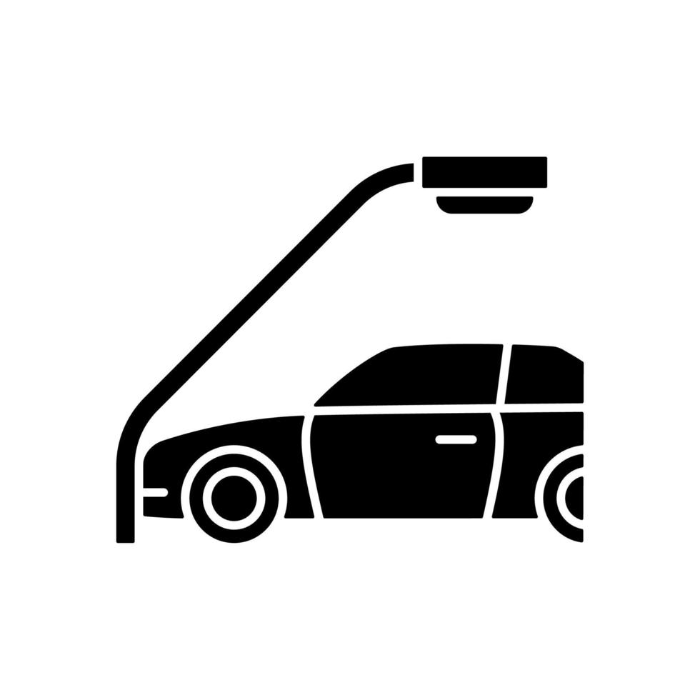 Single-vehicle collision black glyph icon. Colliding with lamppost. Head-on crash. Blameless accident. Run-off-road collision. Silhouette symbol on white space. Vector isolated illustration