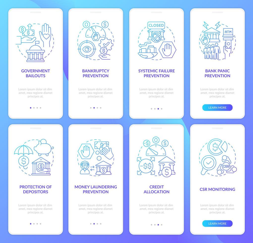 Bank management onboarding mobile app page screen set. Crisis prevention process walkthrough 8 steps graphic instructions with concepts. UI, UX, GUI vector template with linear color illustrations