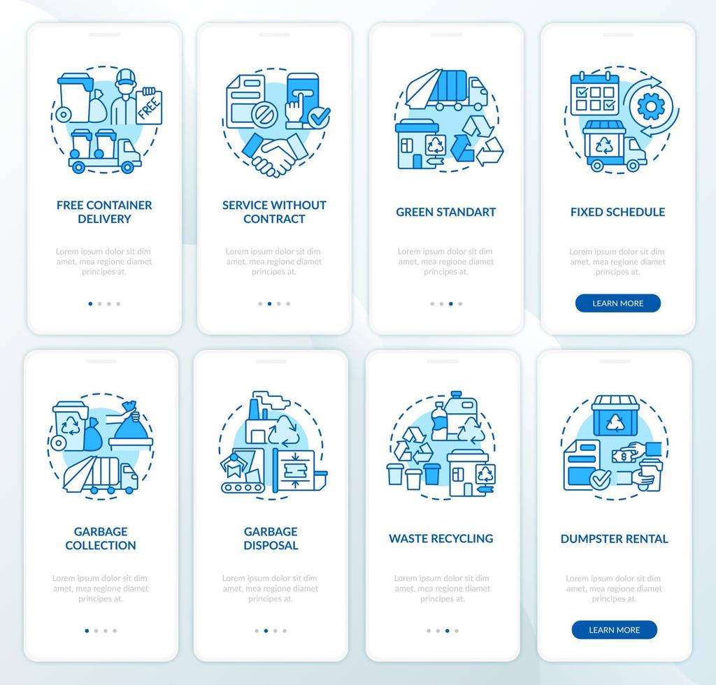 Garbage management service blue onboarding mobile app page screen set. Recycling walkthrough 4 steps graphic instructions with concepts. UI, UX, GUI vector template with linear color illustrations
