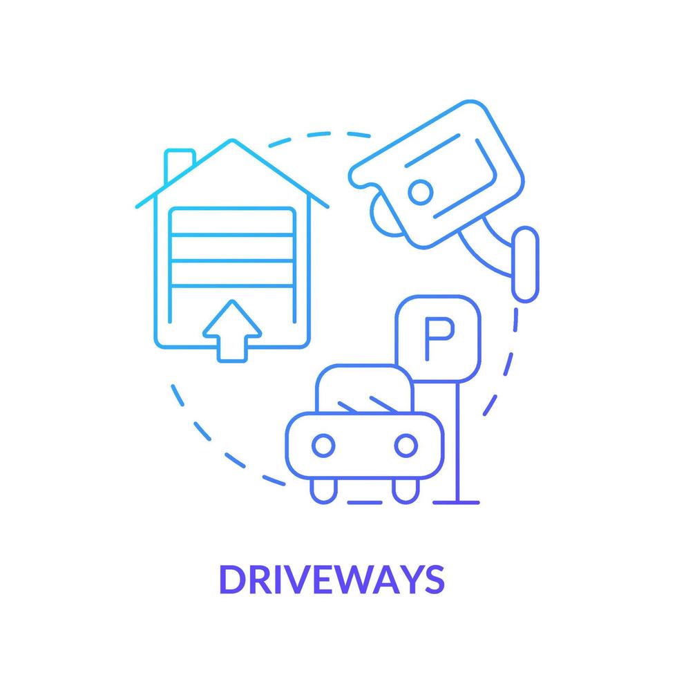 Driveways blue gradient concept icon. Security alarm system abstract idea thin line illustration. Place camera above garage door. Parking surveillance. Vector isolated outline color drawing.