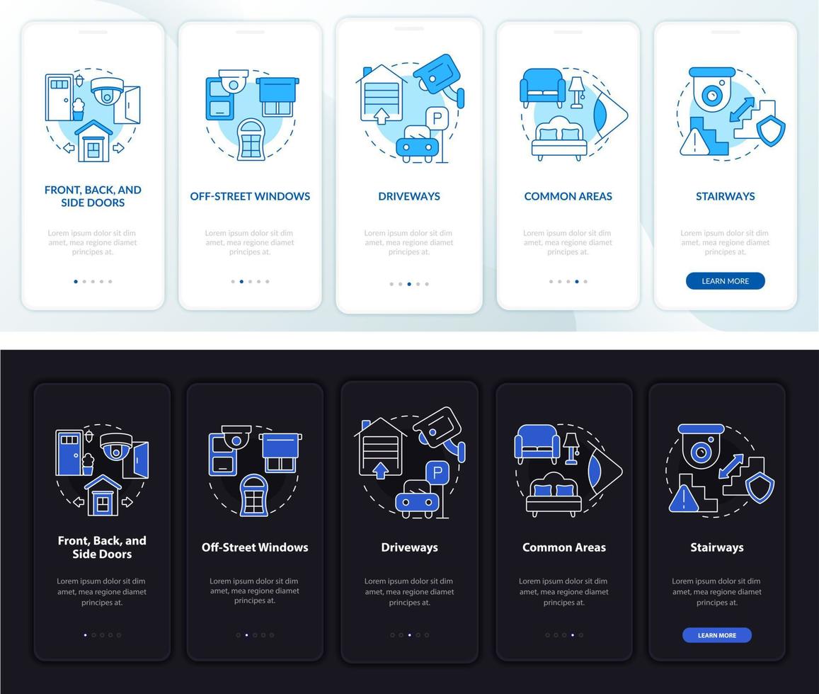 Security camera system installing onboarding mobile app page screen. Walkthrough 5 steps graphic instructions with concepts. UI, UX, GUI vector template with linear night and day mode illustrations
