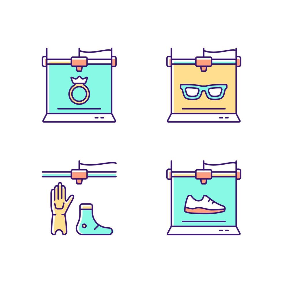 Building 3d objects process RGB color icons set. Jewelry production. Eyewear industry. Artificial limbs fabrication. Isolated vector illustrations. Simple filled line drawings collection