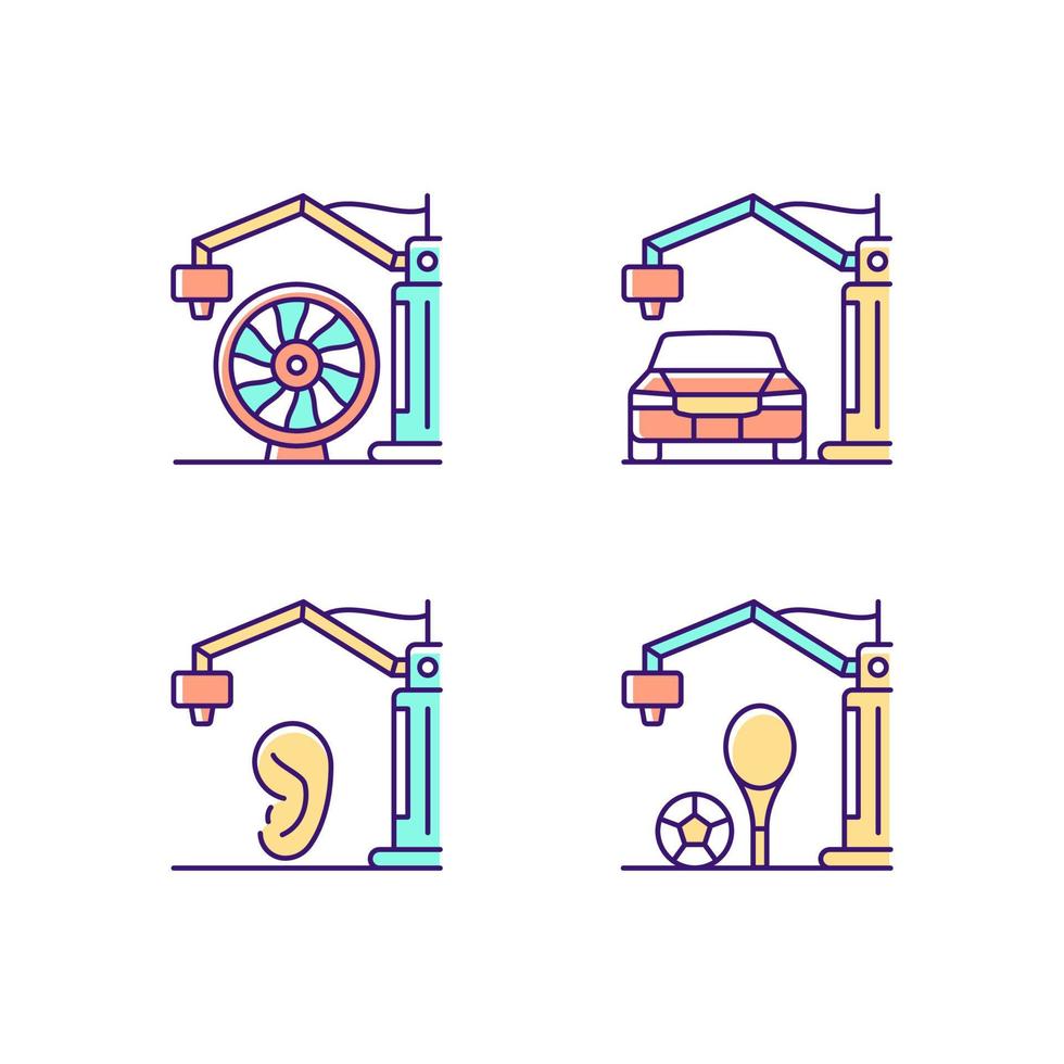 Manufacturing process RGB color icons set. 3d printed car. Aerospace industry. Artificial human ear. Functional sport equipment. Isolated vector illustrations. Simple filled line drawings collection