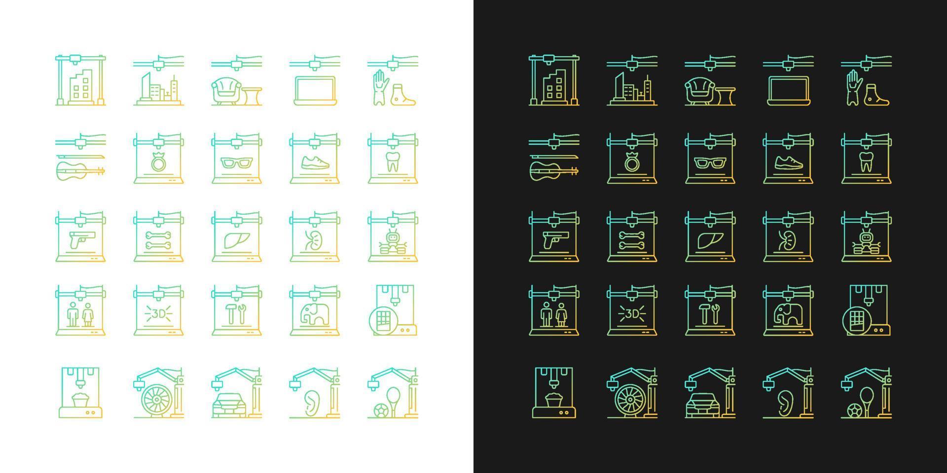 3d printing technology gradient icons set for dark and light mode. Rapid prototyping. Thin line contour symbols bundle. Isolated vector outline illustrations collection on black and white
