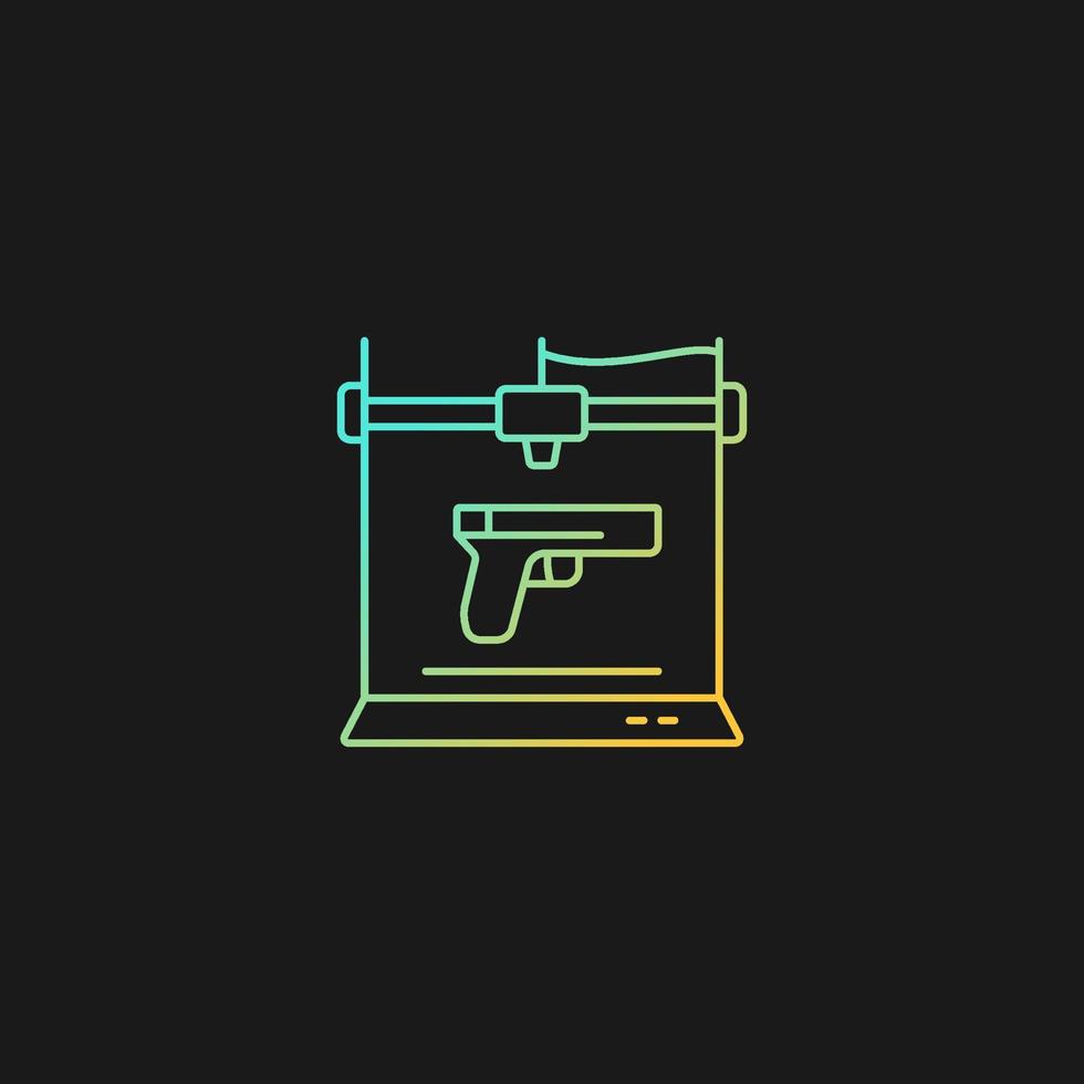 Icono de vector de gradiente de impresión de armas de fuego 3d para tema oscuro. Fabricación de pistola imprimible en 3D. fabricación de armas con licencia. símbolo de color de línea delgada. pictograma de estilo moderno. dibujo de contorno aislado vectorial