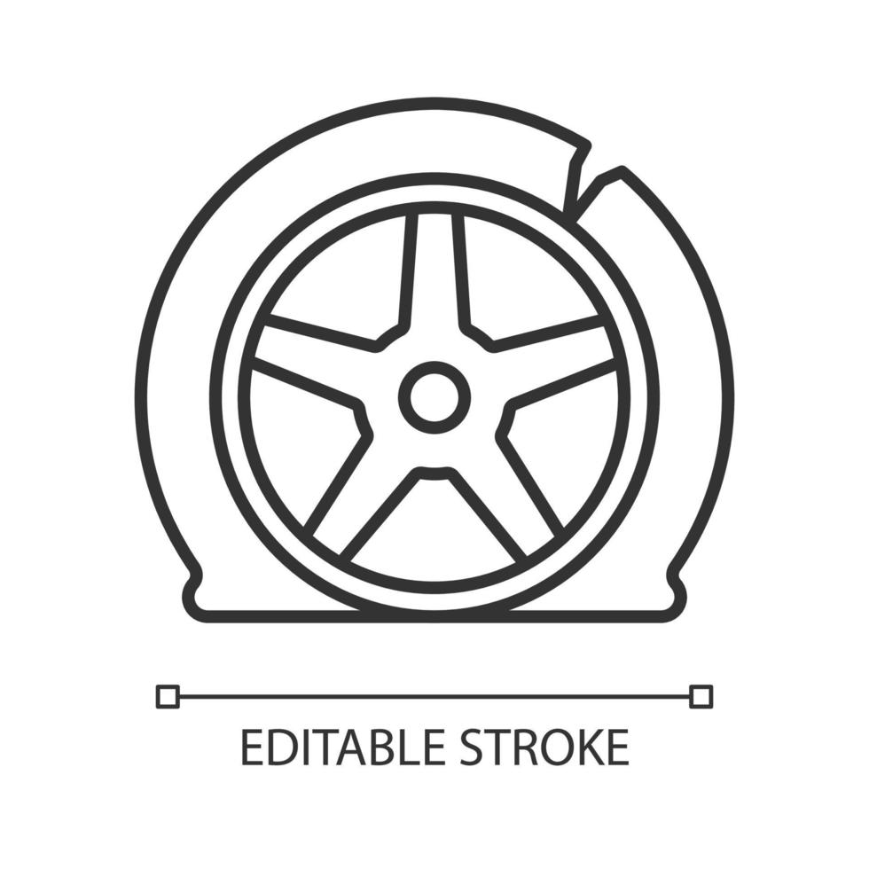 Tyre damage linear icon. Vehicle accident. Car tire defects. Bad road conditions. Tire blowout. Thin line customizable illustration. Contour symbol. Vector isolated outline drawing. Editable stroke