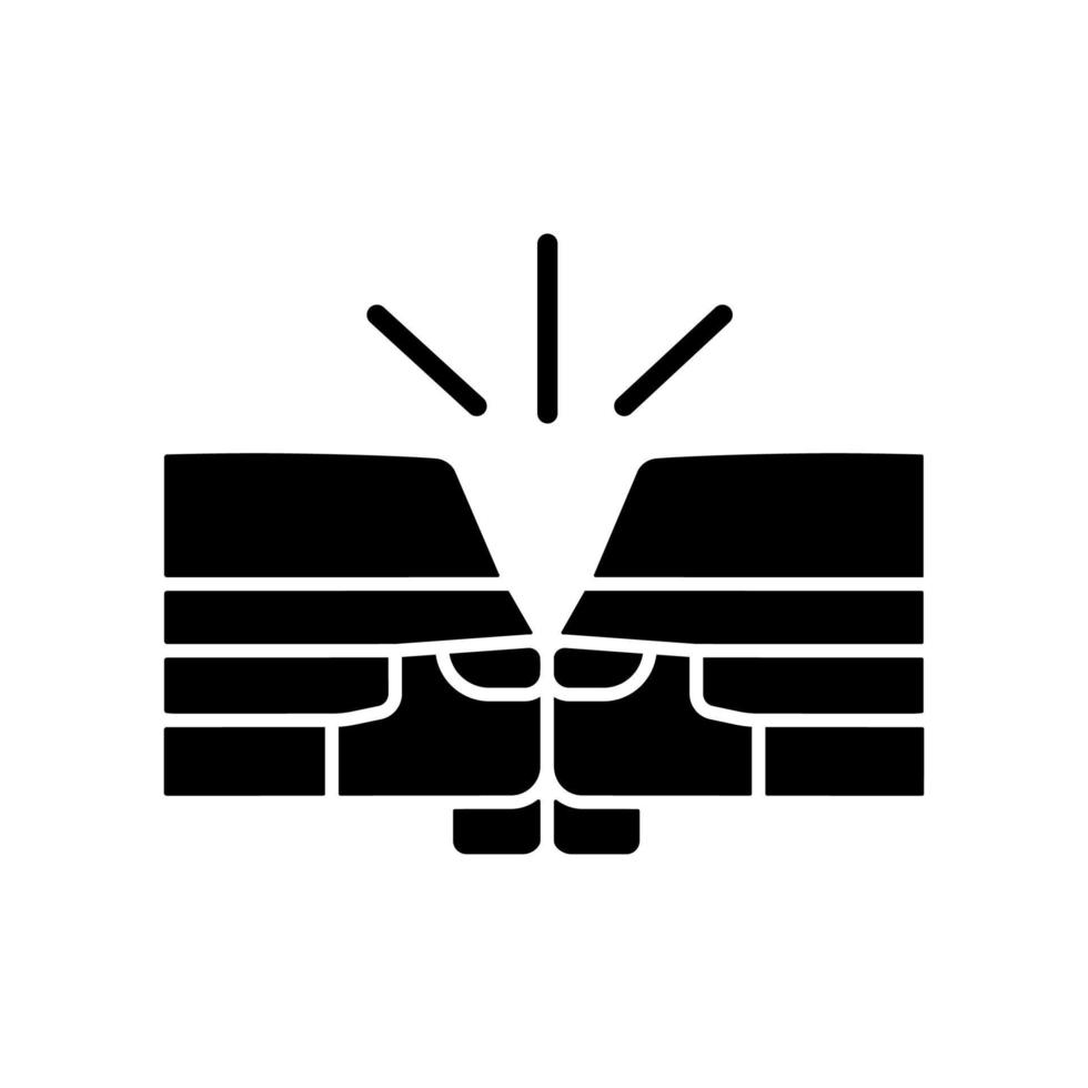 Sideswipe car accident black glyph icon. Blind spot crash. Changing lanes risk. Hit and run collision. Damage on vehicles. Silhouette symbol on white space. Vector isolated illustration