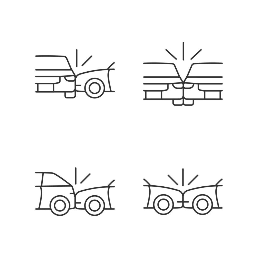 Vehicle crashes linear icons set. T-bone collision. Sideswipe car accident. Hitting auto from behind. Customizable thin line contour symbols. Isolated vector outline illustrations. Editable stroke