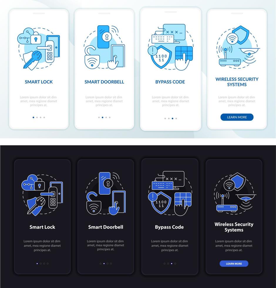 Smart home onboarding mobile app page screen. Home automation walkthrough 4 steps graphic instructions with concepts. UI, UX, GUI vector template with linear night and day mode illustrations