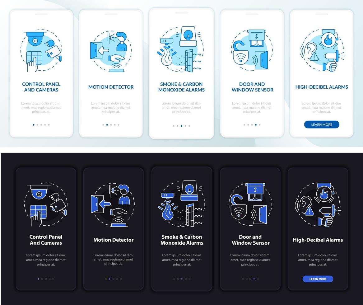 Property security system onboarding mobile app page screen. Smart home walkthrough 5 steps graphic instructions with concepts. UI, UX, GUI vector template with linear night and day mode illustrations