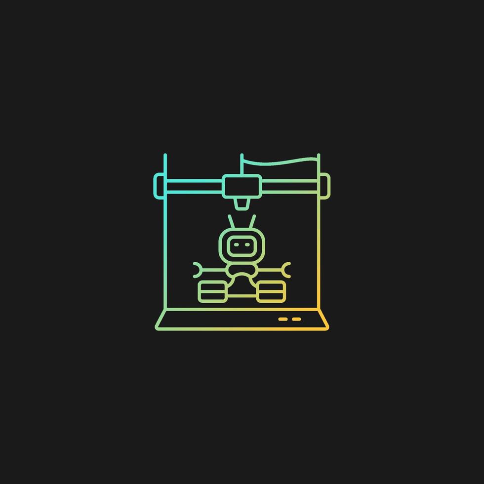 Robots 3d que imprimen el icono del vector del gradiente para el tema oscuro. fabricación aditiva robótica. construcción de robots innovadores. símbolo de color de línea delgada. pictograma de estilo moderno. dibujo de contorno aislado vectorial