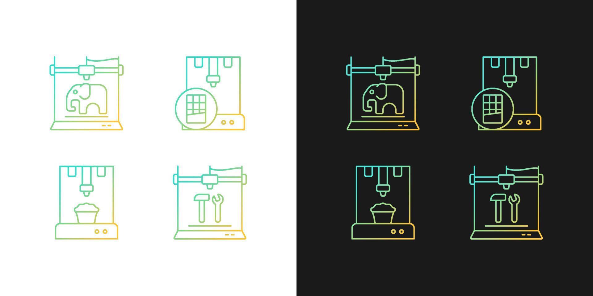3d printed physical objects gradient icons set for dark and light mode. Food manufacturing. Thin line contour symbols bundle. Isolated vector outline illustrations collection on black and white