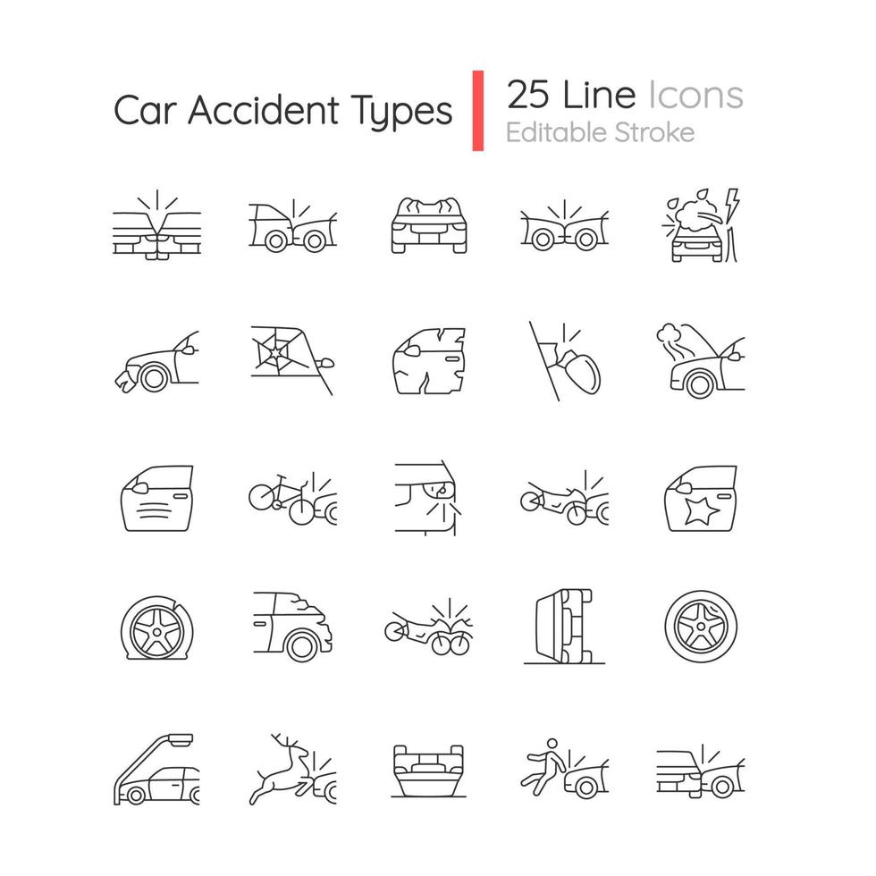 Car accident types linear icons set. Road traffic crashes. Distracted driving. Risk for serious injury. Customizable thin line contour symbols. Isolated vector outline illustrations. Editable stroke