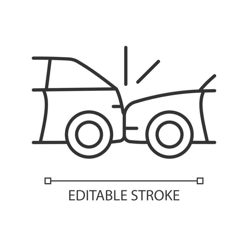 Rear-end collision linear icon. Hitting vehicle from behind. Accident in congested traffic. Thin line customizable illustration. Contour symbol. Vector isolated outline drawing. Editable stroke