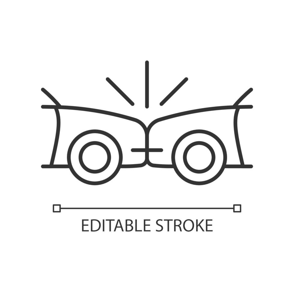 Head-on collision linear icon. Frontal crash. Two vehicles collide into one another. Thin line customizable illustration. Contour symbol. Vector isolated outline drawing. Editable stroke