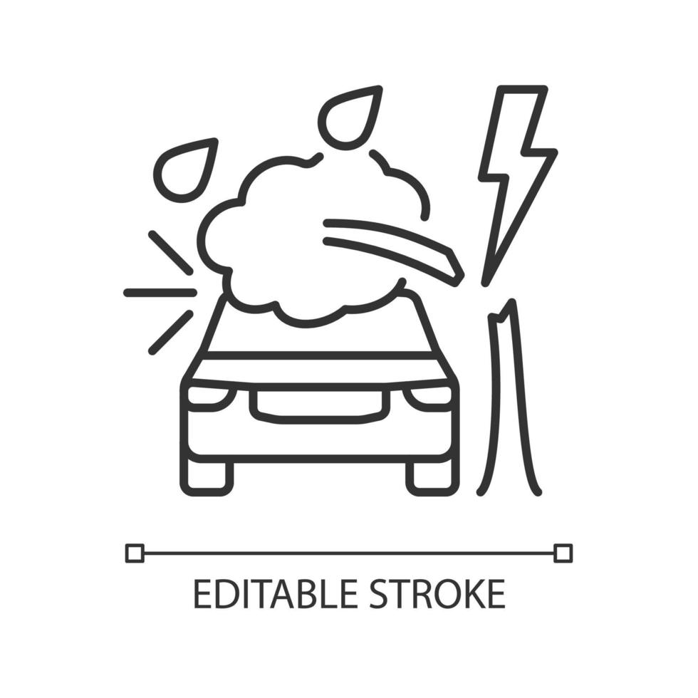 icono lineal de daños relacionados con el clima. árbol cayendo sobre el coche. estacionamiento al aire libre. Daños en el parabrisas. Ilustración personalizable de línea fina. símbolo de contorno. dibujo de contorno aislado vectorial. trazo editable vector