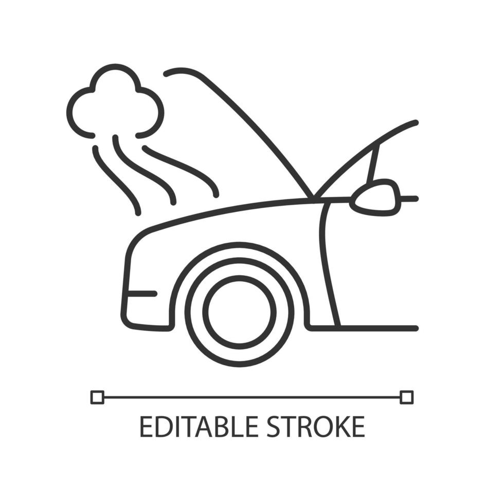 Car engine damage linear icon. Front end collision. Mechanical breakdown. Broken transmission. Thin line customizable illustration. Contour symbol. Vector isolated outline drawing. Editable stroke