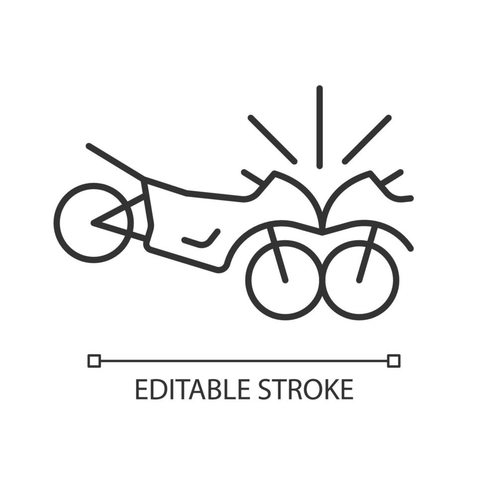 Motorcycles accident linear icon. Head-on collision of two motorcyclists. Speeding-related crash. Thin line customizable illustration. Contour symbol. Vector isolated outline drawing. Editable stroke