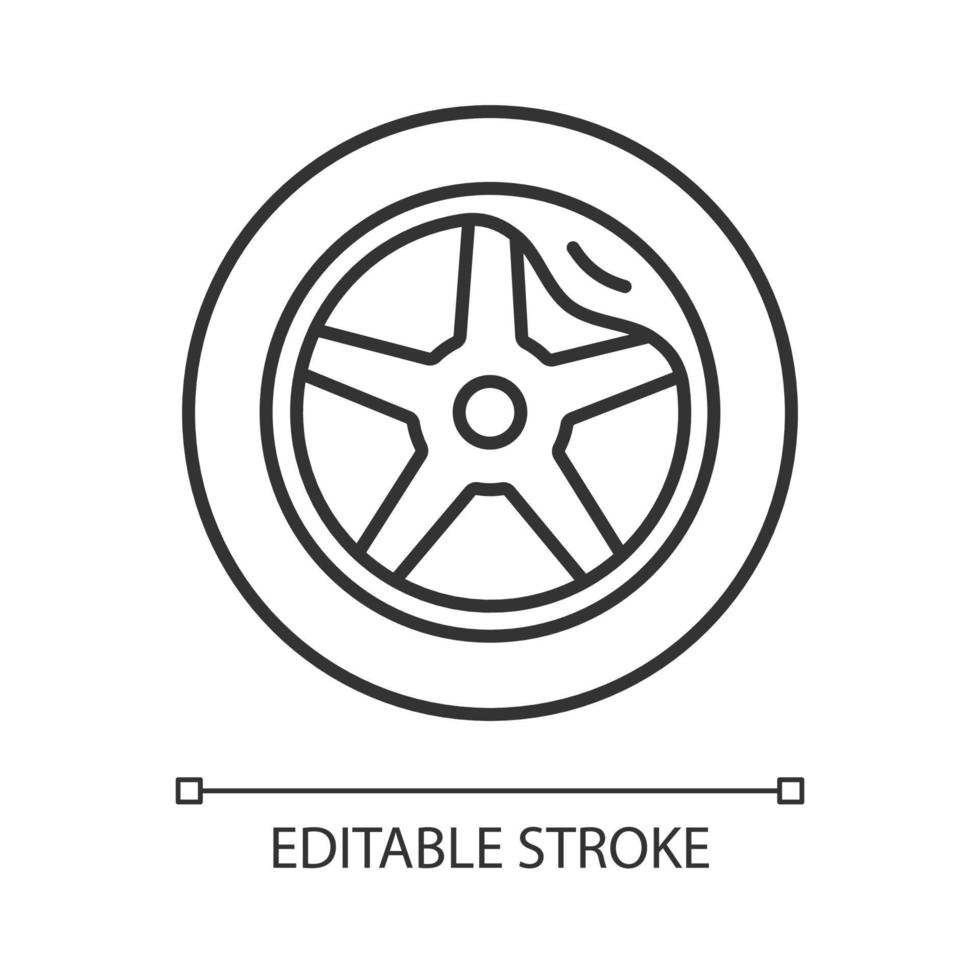 Wheel damage linear icon. Collision damaged vehicle. Driving on cracked rim. Uneven wear in tires. Thin line customizable illustration. Contour symbol. Vector isolated outline drawing. Editable stroke