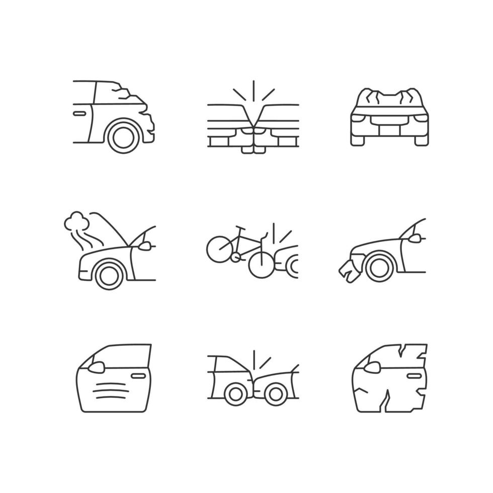 Conjunto de iconos lineales de accidentes de tráfico por carretera. coche dañó partes del cuerpo. choque de costado. colisión coche-bicicleta. símbolos de contorno de línea fina personalizables. ilustraciones de contorno de vector aislado. trazo editable