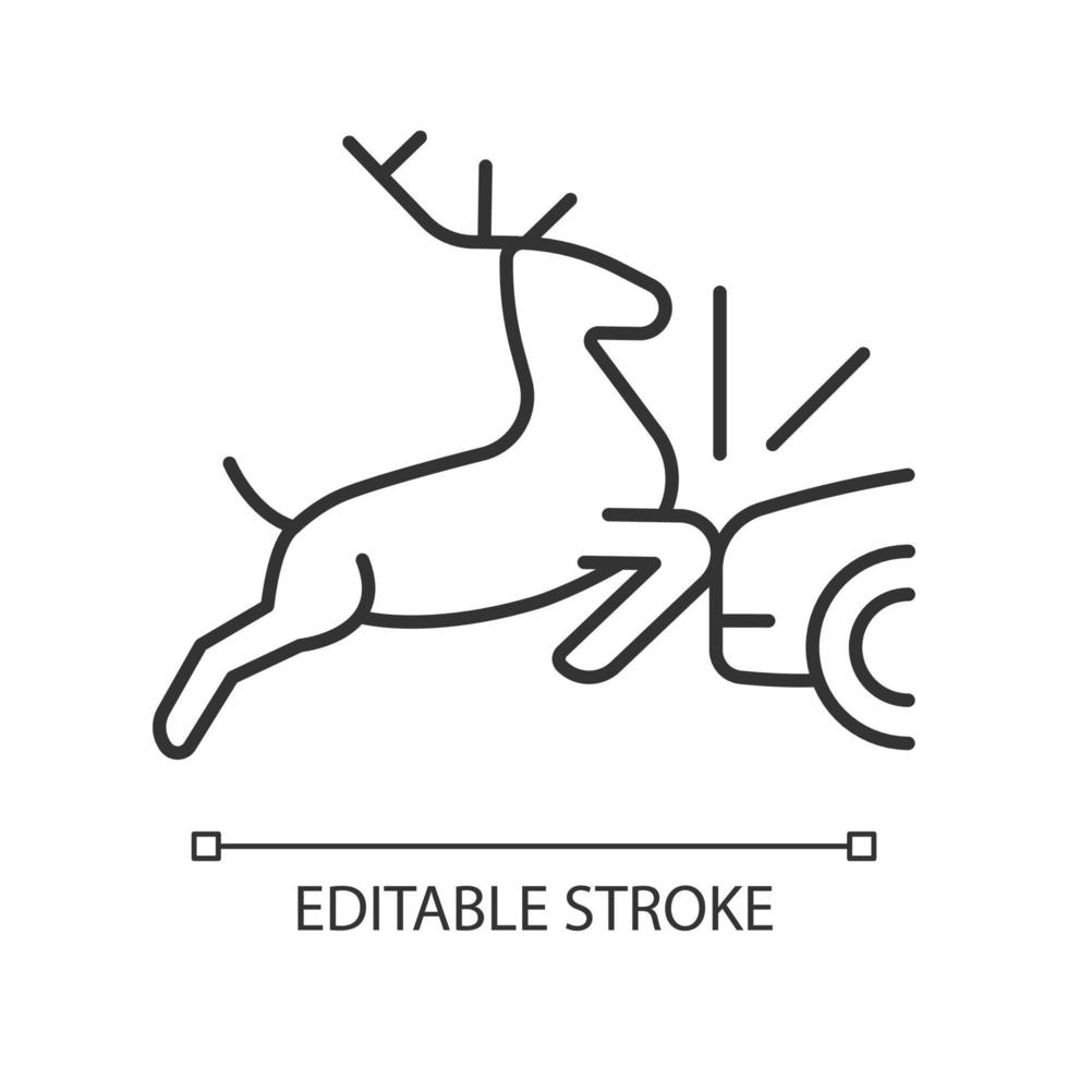 Collision with animals linear icon. Colliding with wildlife and livestock in roadway. Thin line customizable illustration. Contour symbol. Vector isolated outline drawing. Editable stroke