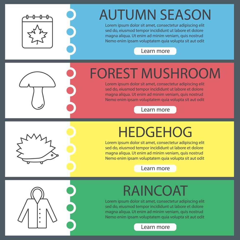 Autumn web banner templates set. Calendar page with maple leaf, mushroom, hedgehog, raincoat. Website color menu items. Vector headers design concepts