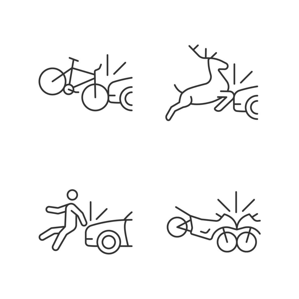 Traffic collision scenarios linear icons set. Bicycle crash. Colliding with wildlife. Hitting pedestrian. Customizable thin line contour symbols. Isolated vector outline illustrations. Editable stroke