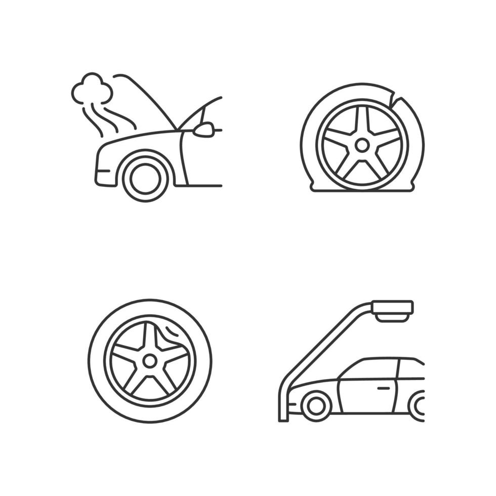 Vehicle damage in car accident cases linear icons set. Mechanical breakdown. Automobile tire defects. Customizable thin line contour symbols. Isolated vector outline illustrations. Editable stroke