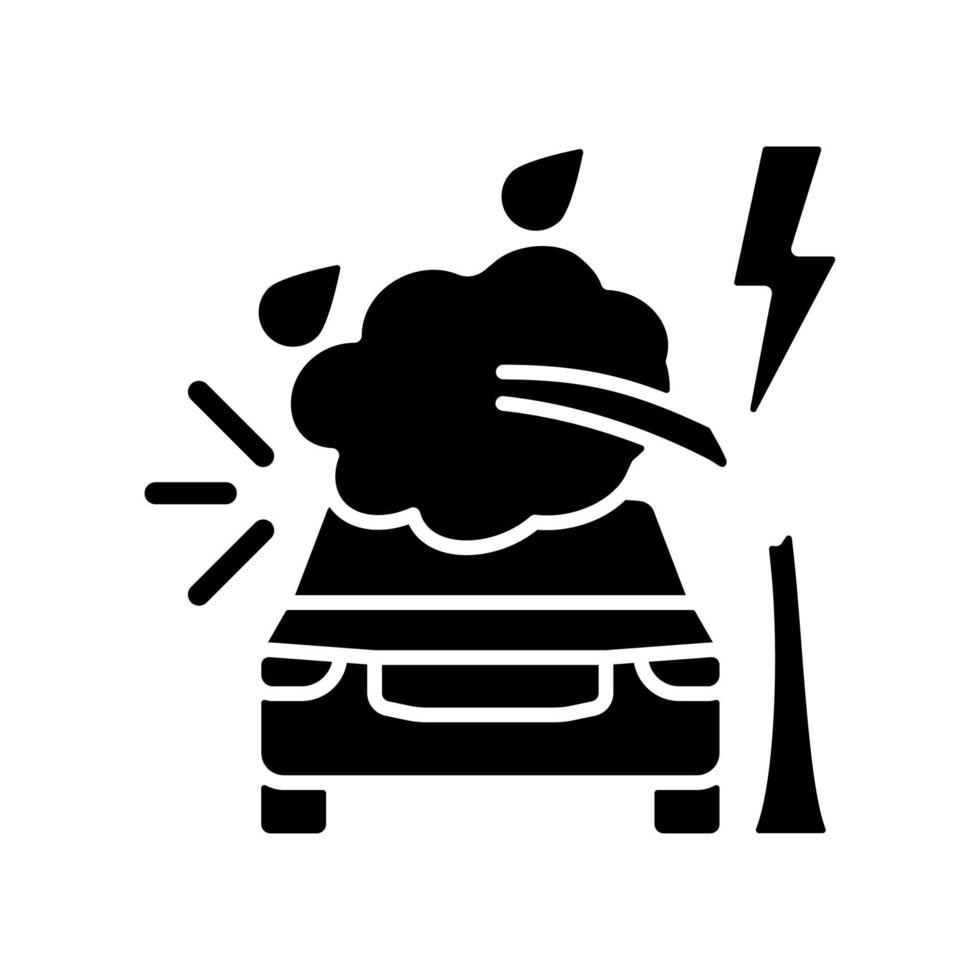 Weather related damage black glyph icon. Tree falling on car. Outdoor parking. Windscreen damage. Storm-related incident. Silhouette symbol on white space. Vector isolated illustration