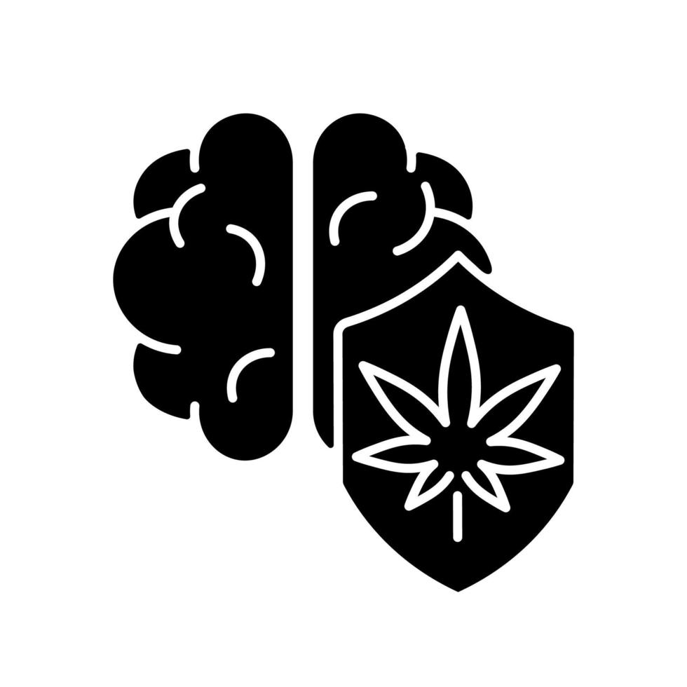 icono de glifo negro de protección cerebral de marihuana. mejora de las funciones cognitivas. efecto positivo en el desarrollo del cerebro. aumentar la claridad mental. símbolo de silueta en el espacio en blanco. vector ilustración aislada