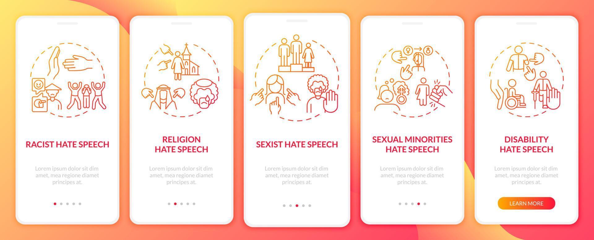 pantalla de la página de la aplicación móvil de incorporación de violación de derechos humanos. Tutorial de racismo y sexismo Instrucciones gráficas de 5 pasos con conceptos. ui, ux, plantilla de vector de interfaz gráfica de usuario con ilustraciones en color lineal